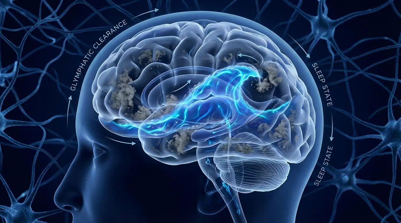 Medical illustration of the glymphatic system washing away toxins and brain fog during deep sleep, emphasizing the importance of a daily sleep hygiene checklist.