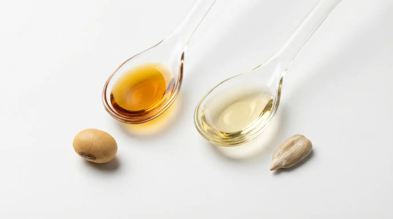Studio photography of standard amber oil from a soy bean next to luminous golden oil from a sunflower seed, visualizing the premium purity and superior quality of sunflower-derived Phosphatidylserine.