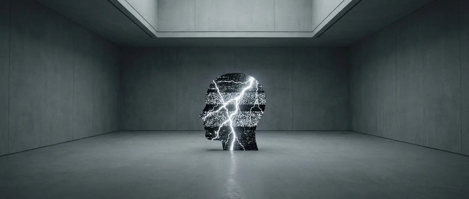 Conceptual illustration of a human silhouette filled with chaotic static, representing the internal mental noise of high cortisol and stress-induced brain fog.