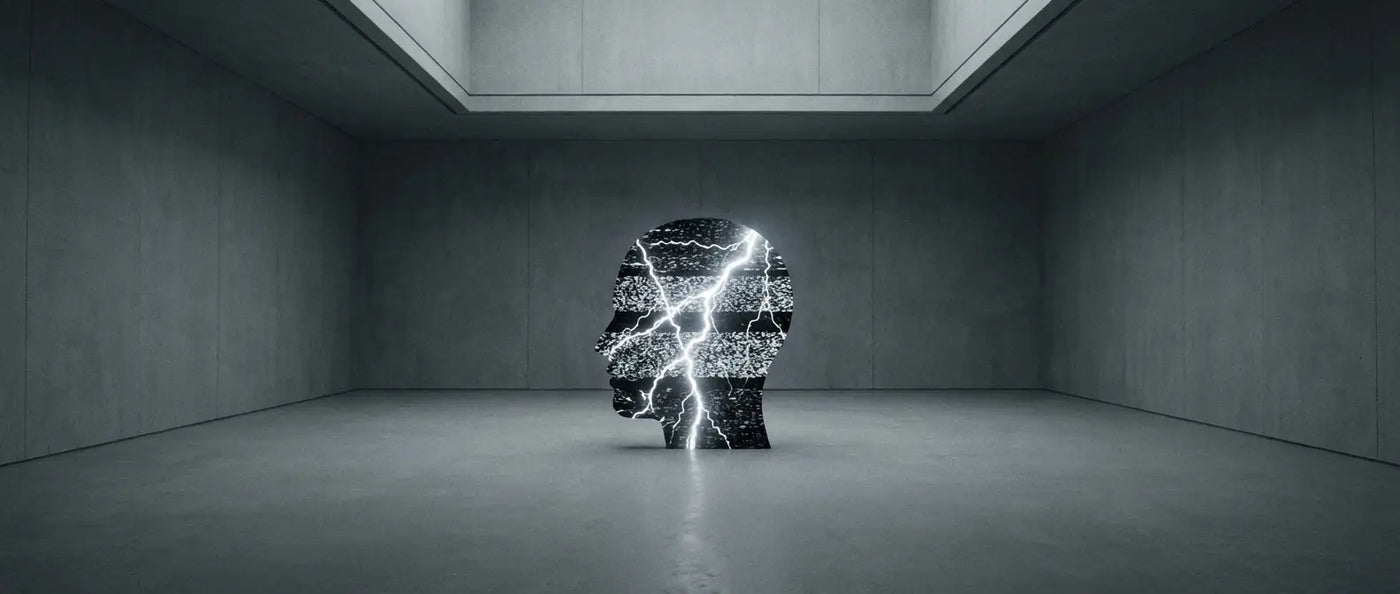 Conceptual illustration of a human silhouette filled with chaotic static, representing the internal mental noise of high cortisol and stress-induced brain fog.