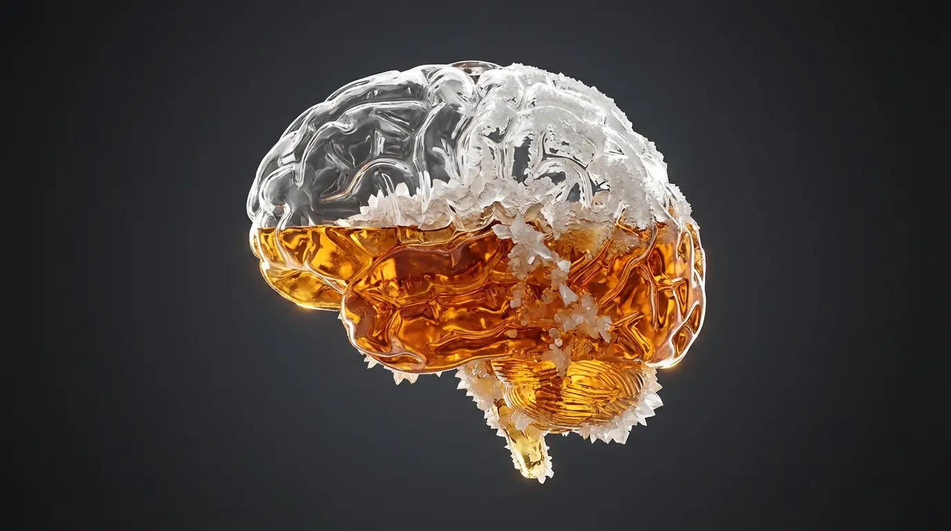 Medical illustration of a glass brain crystallizing with sugar, visualizing the effects of glucose spikes and insulin resistance on cognitive function.